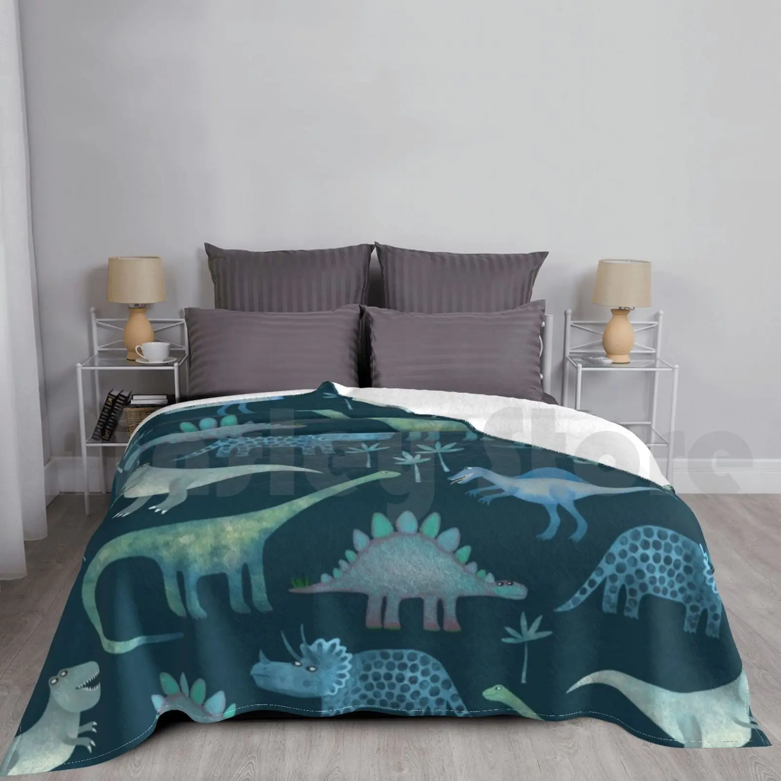 Dinosaurs Dark Blanket For Sofa Bed Travel Cute Friendly Funny Whimsical Dino Dinosaur Cretaceous Carnivore