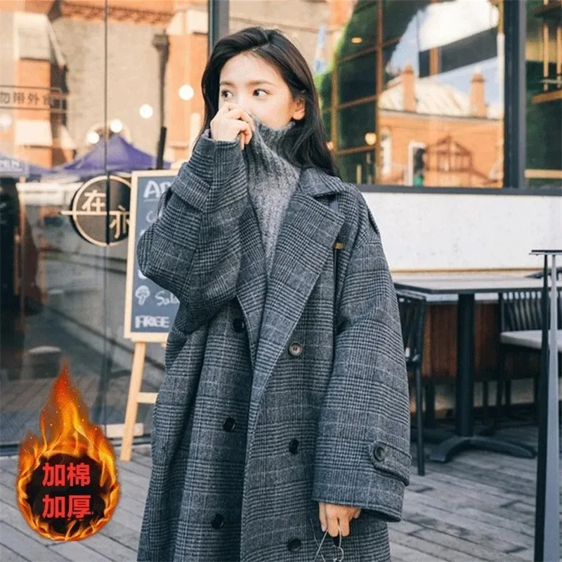 

Plaid Woolen Coat Women's Mid-Length Korean Style Loose Long Autumn And Winter New Student Loose Over-The-Knee Woolen Jacket XXL