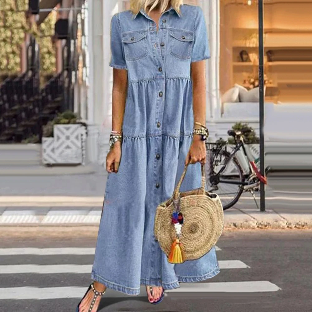 Bohemian Holiday Sundress Summer Women Vintage Denim Short Sleeve Beach Dress Loose Long Vestido Robe Femme