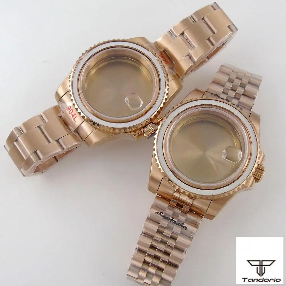 

40mm Fully Rose Gold Plated Watch Case Fit NH35 NH36 Miyota 8215 821A DG 2813 ETA 2836 Movement Sapphire Bracelet