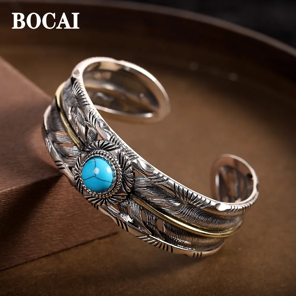 

BOCAI новый S925 серебряный ювелирный браслет модный классический браслет с перьями бирюзовый индивидуальный тренд мужской браслет подарок для пары