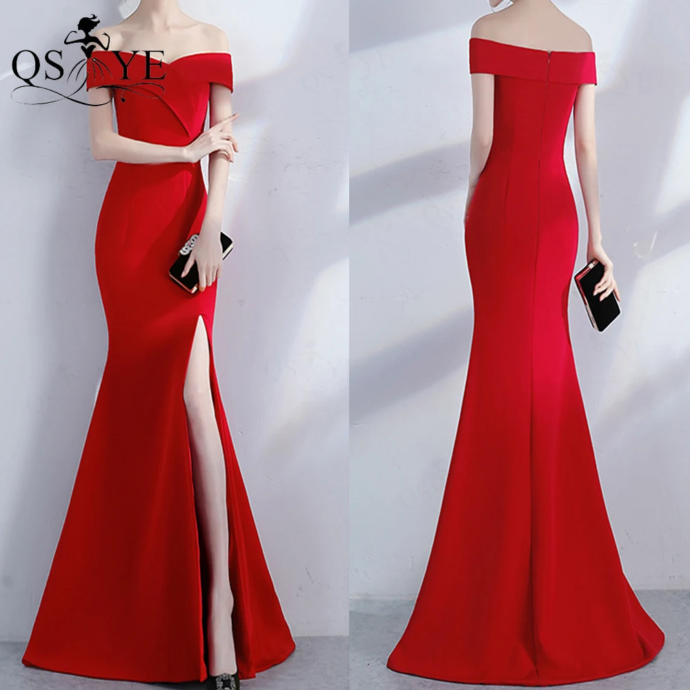 Off Shoulder Red Evening Dress Stretch Long Mermaid Party Gown V Neck Side Sleeves Formal Gown Lapel Neck Women Prom Dress Vesti