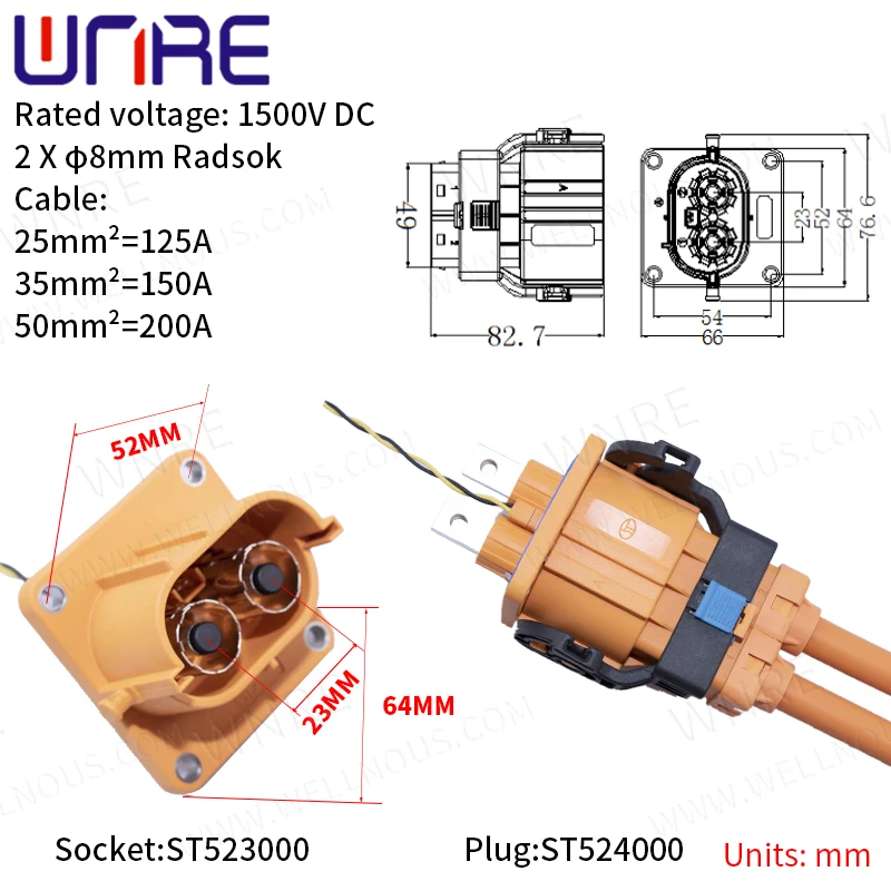 1Pcs 125/150/200A DC 1500V HV Connector High Voltage Connector 1/2/3P Right Angle Plugs Terminal Connector High Power Connector