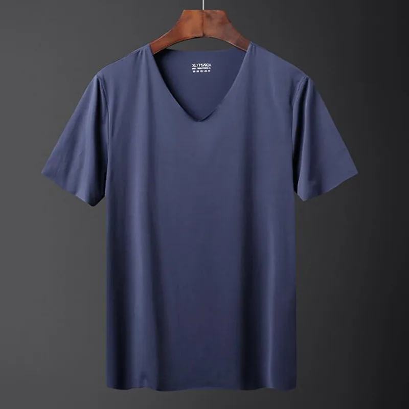 Men's t-shirt thin short-sleeved summer ice silk without trace Slim stretch V-neck solid color bottoming t-shirt