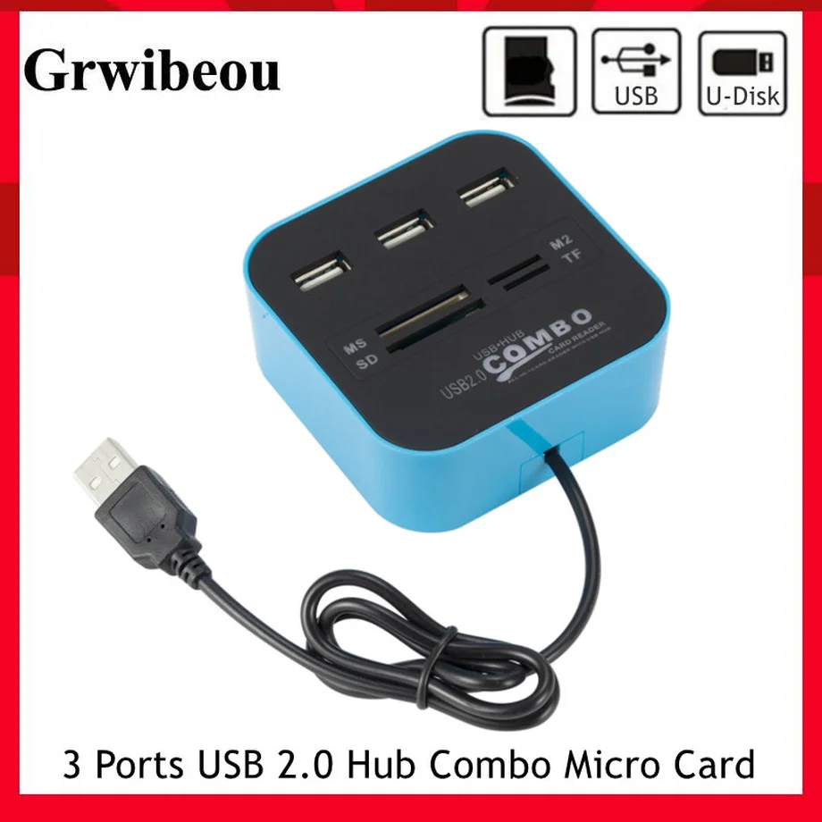 

USB-концентратор Grwibeou, 3 порта, USB 2,0, картридер для карт SD/TF