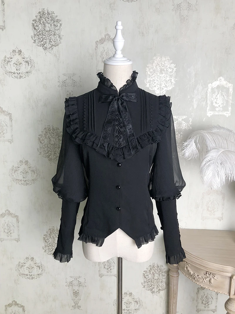 Original New Japanese Princess Style Shirt Harajuku Long Gigot Sleeves Chiffon Tops Bowknot Lace Sweet Blouse for Women