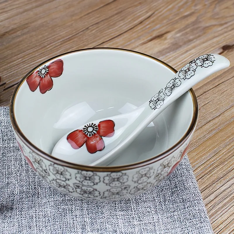 14.5*4cm Ceramic Spoon Japanese-style Underglaze Blue Red Flower Soup Scoop Dinnerware Household Kitchen Supplies Tableware