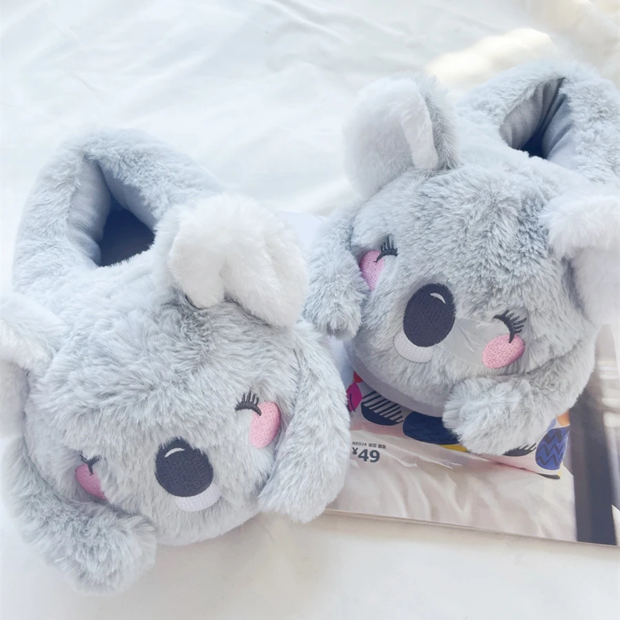 Cartoon Slippers Cute Koala Shape Home Cotton Shoes Woman Girl Warm Winter Indoor Shoes Flat Casual Floor Non-slip Pink Grey