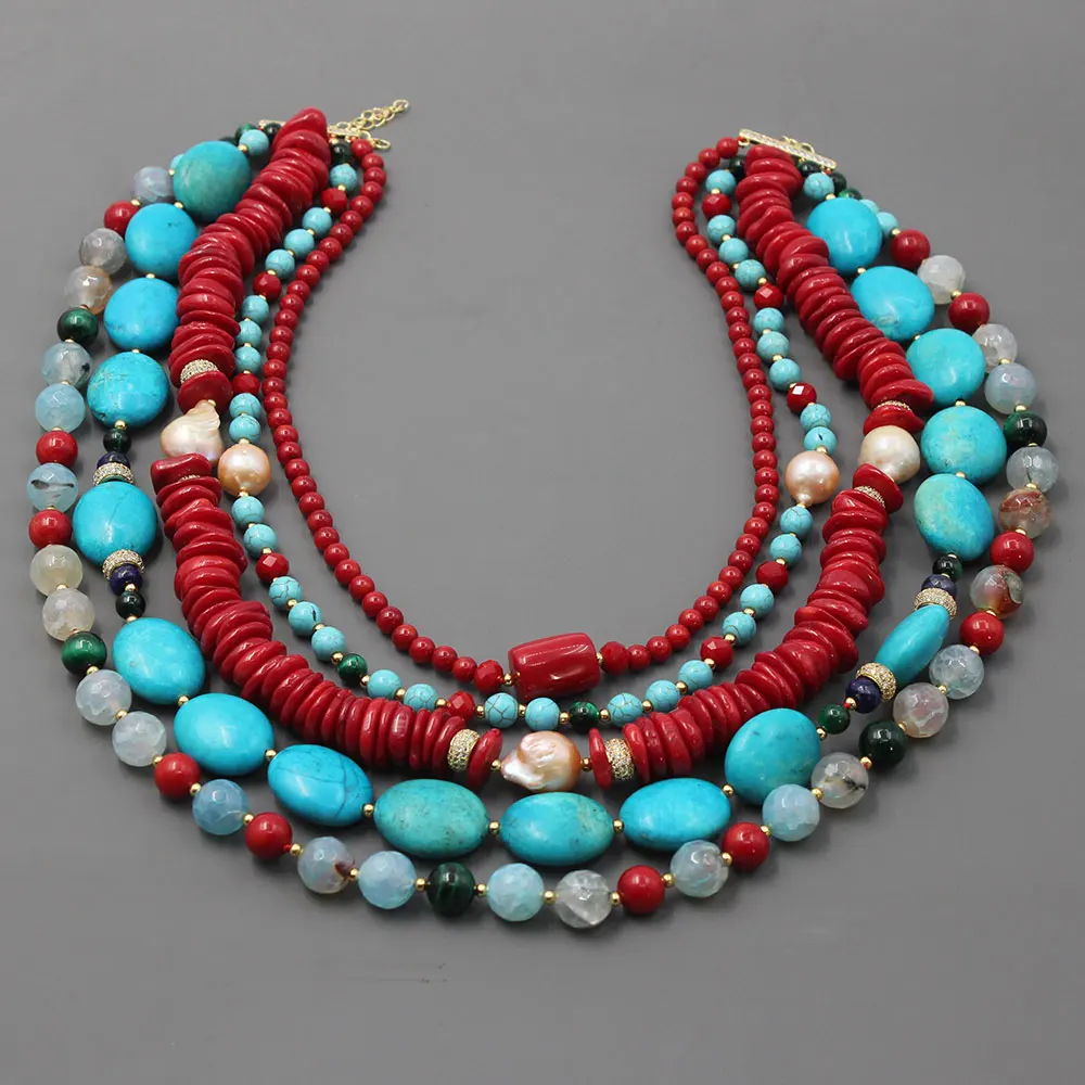 GG 5 Rows Freshwater Keshi Pearl Howlite Rondelle Tiger eye Red Coral Lapis Crystal Statement Necklace Handmade For Women