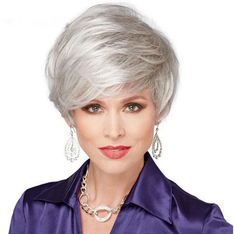 Ladise Short Silver Straight Wig With Bangs Synthetic Wig For Women Daily Party Use Nature Looking Wig Heat Resistant Fiber Wig