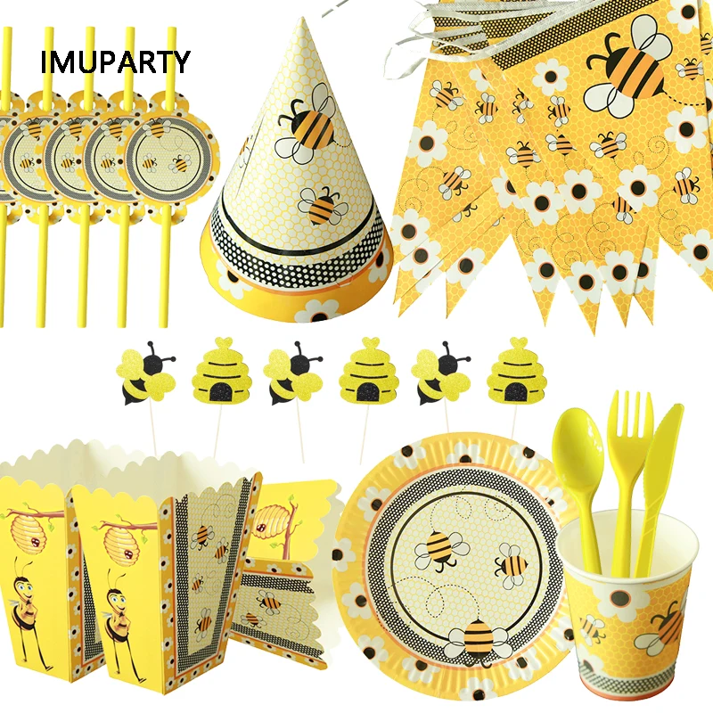 Bumble Bee Theme Party DIY Supplies Kids Birthday Party Decoration Latex Balloon Garland Disposable Tableware Set Baby Shower Su