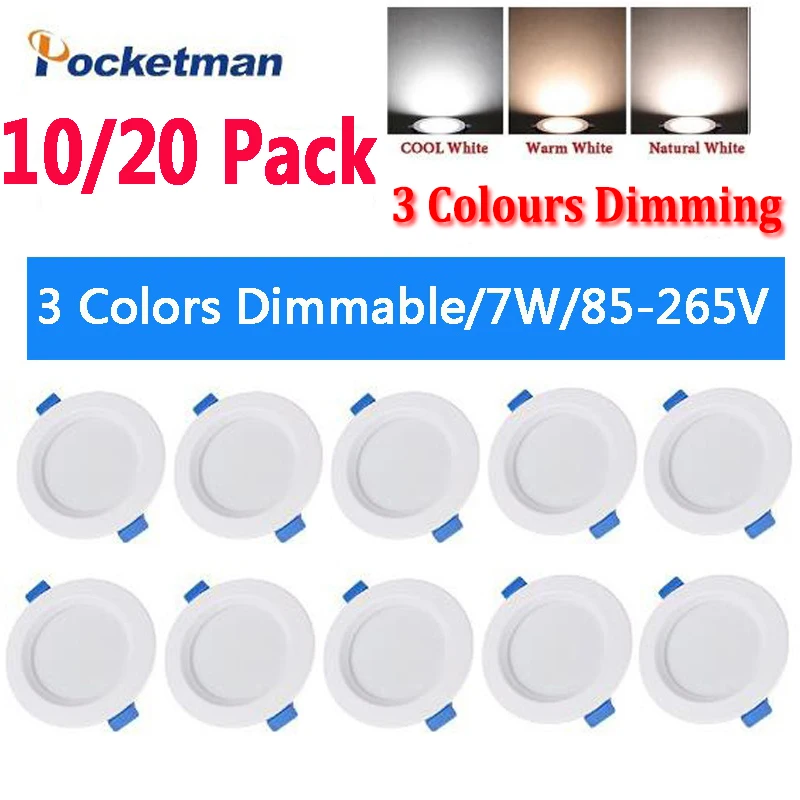 10/20 Pack 220V 7W 3 kolory ściemniania LED typu Downlight okrągłe wpuszczone oświetlenie panelowe sufitowe oprawa sufitowa LED oprawa oświetleniowa lampa sufitowa