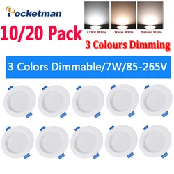 10/20 Pack 220V 7W 3 Colours Dimmable LED Downlight Round Recessed Ceiling Panel Light LED Down Light Fixture Lamp Ceiling Lamp