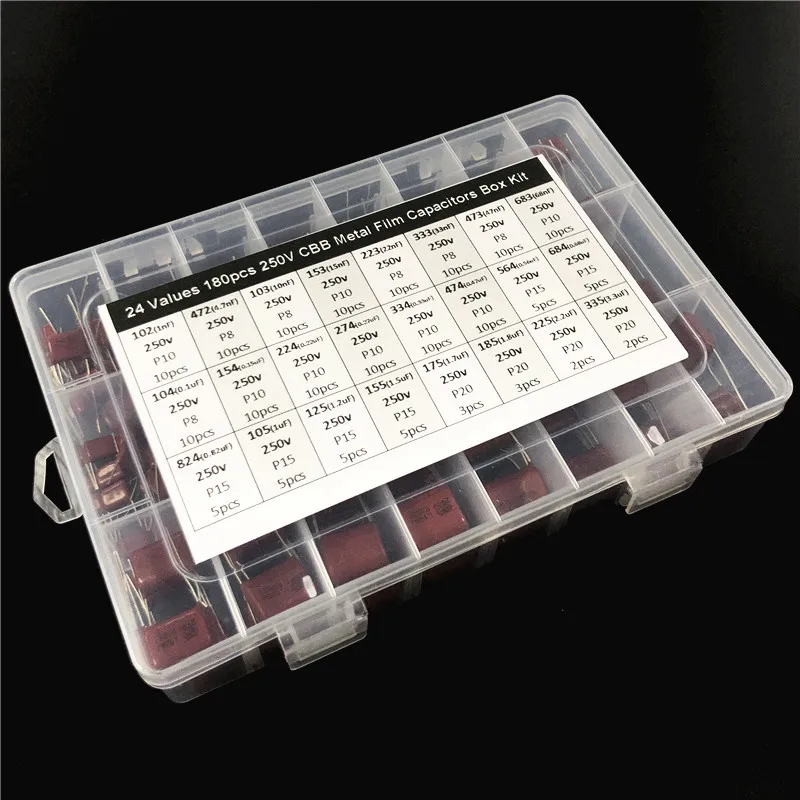 24 werte 180 stücke 250V 1nF zu 3,3 uF (102 ~ 335) 10nF 47nF 100nF 0,1 uF 0,47 uF 1uF 1,5 uF CBB metall film kondensatoren Sortiment Kit Box – Detail 2
