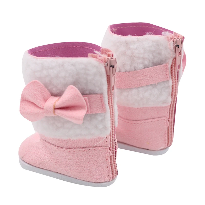 Botas de nieve de felpa rosa con lazo para bebé recién nacido, zapatos de muñeca de moda, accesorios de juguete, regalo para niña, 7cm, 43cm, 18 pulgadas