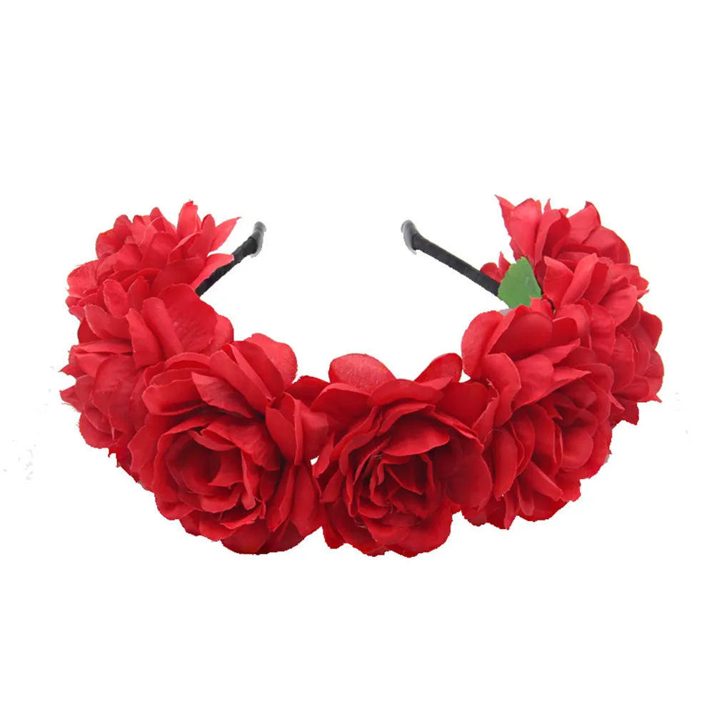 New Fashion Women Bride Flowers Headband Mexican Style Rose Flower Crown Hairband Ladies Elastic Hair Head Hoop Hair Accessories