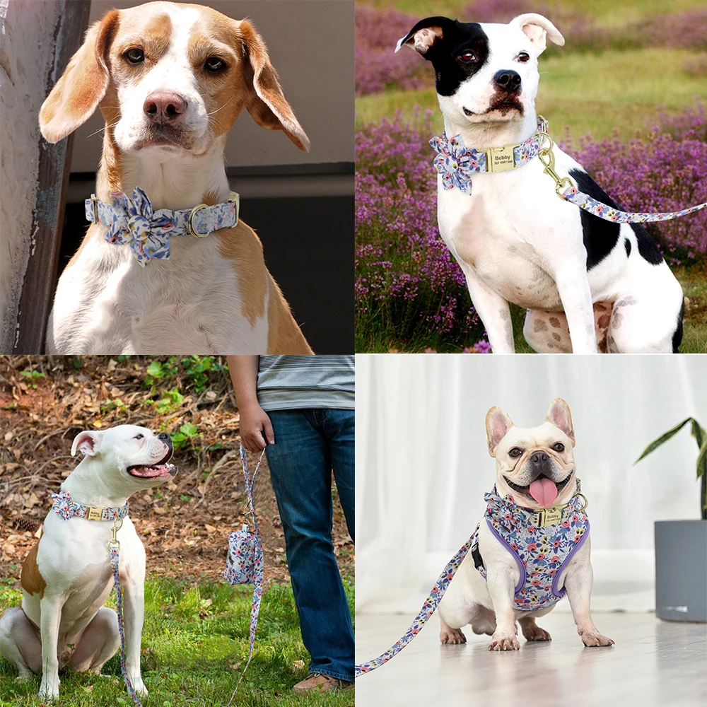 Personalized Nylon Dog Collar Leash Harness Poop Bag Set Adjustable Printed Dog Collars Harnesses For Small Medium Large Dogs