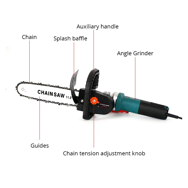 11.5 Inch Chainsaw Attachment For Angle Grinder,  Electric Chain Saw With Transparent Fuel Tank, Logging Saw Adjustable Tension