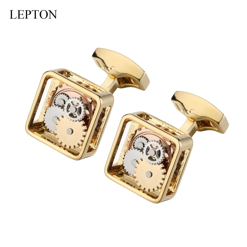 Hot Gold Color Square Framed Steampunk Gear Cufflinks Lepton Watch Mechanism Cufflinks For mens Business wedding cufflink Gift