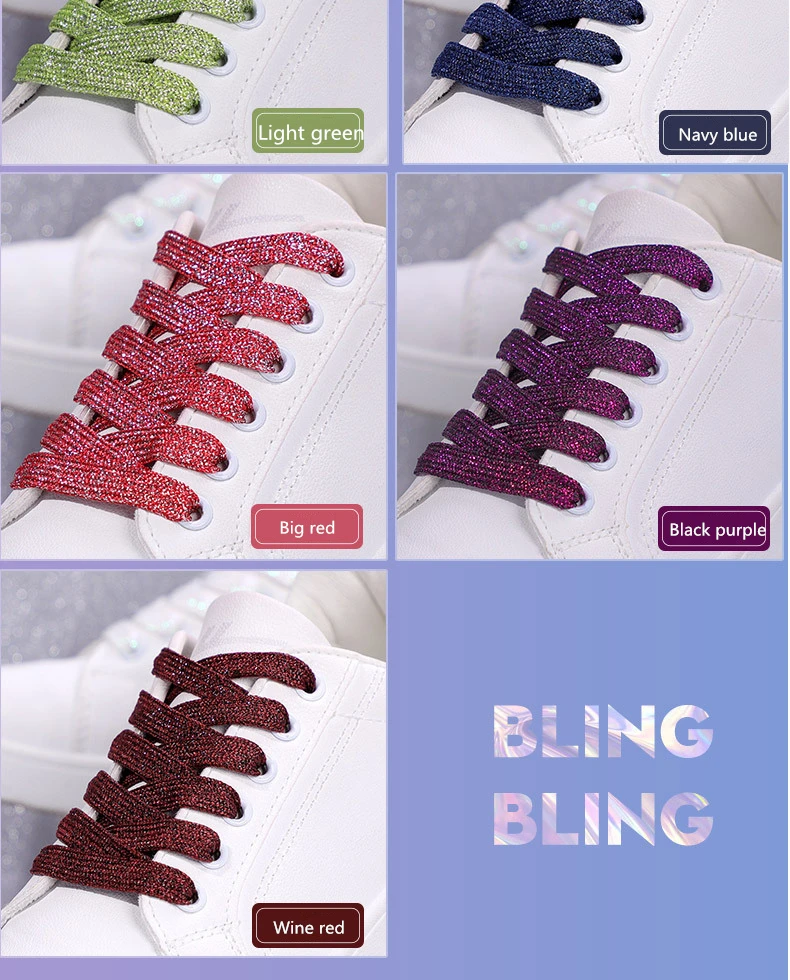 Bunte funkelnde flache Schnürsenkel für sportliche Laufschuhe, Turnschuhe, Schuhe, Stiefelschnüre, glitzernde Schnürsenkel, 1 cm Breite, 1 Paar – Detail 13