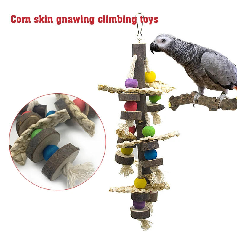 Natural Stacker Wood Rope Bird Chewing Toys Blocks for Macaw Amazon Parrots