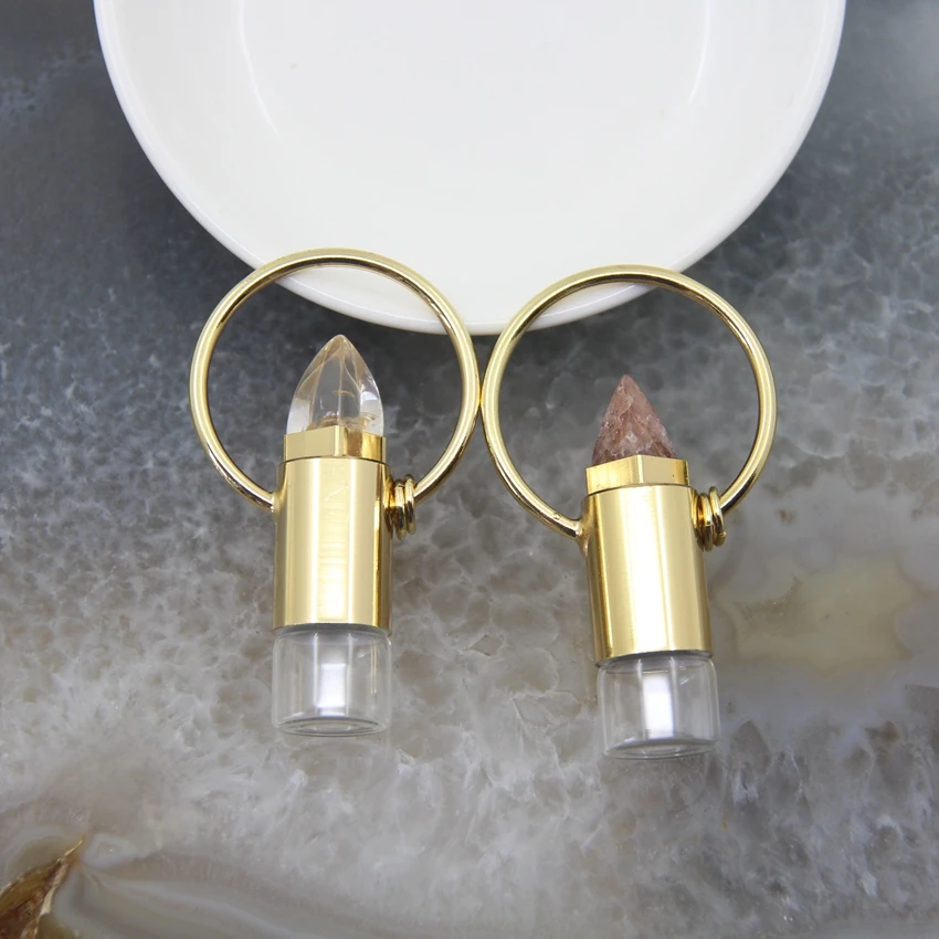 Natural Rose Qaurtzs White Crystal Golden Perfume Essential Oil Diffuser Roll On Bottle Pendant Necklace DIY Jewelry Women Gift
