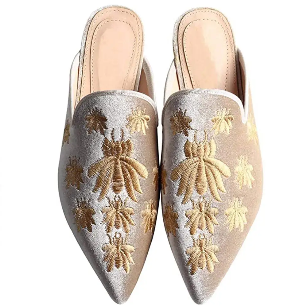 Lovirs Women\'s Velvet Backless Slip-On Loafers Comfortable Embroidered Mule Slippers Fashionable Casual Flat Footwear