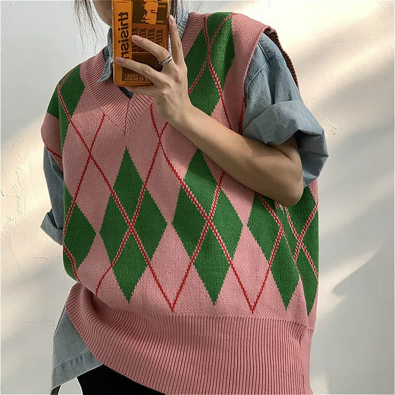 Sweater Vest Women Knitted Rhombus Pink V-Neck Sweaters Vests Womens Harajuku Korean Preppy Style Fashion Casual Chic Sleeveless