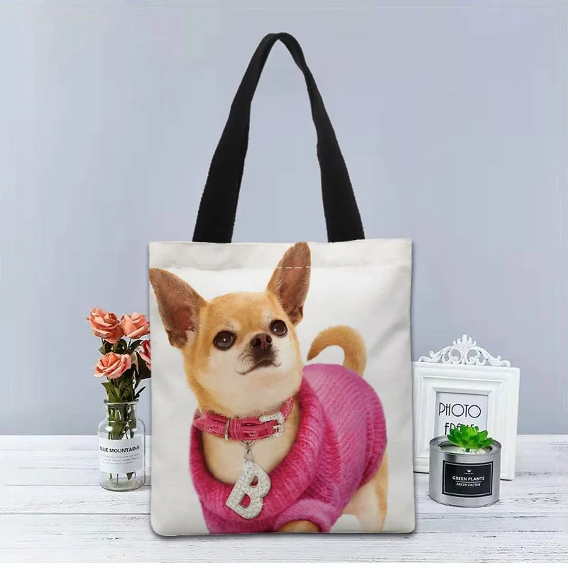 

Custom Chihuahua Dog Tote Bag Canvas Fabric Handbag Two Sides Printed Shopping Bags Traveling Casual Useful Shoulder Bag 1208