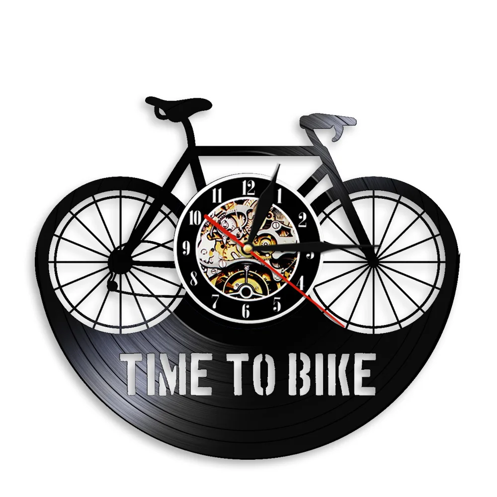 Time To Bike Art Decorative Wall Clock Vintage Black Hanging Vinyl Record Wall Clock 3D Watches Wall Bicycle Wall Art Decor