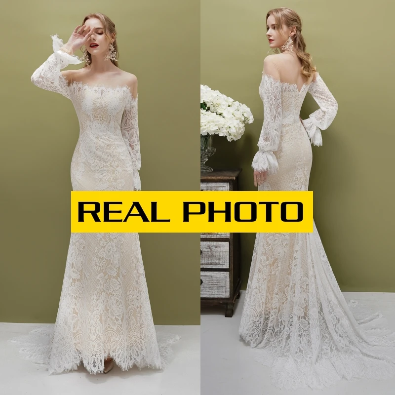 Vintage manga longa rendas boho champanhe vestido de noiva vestidos de casamento foto real preço de fábrica