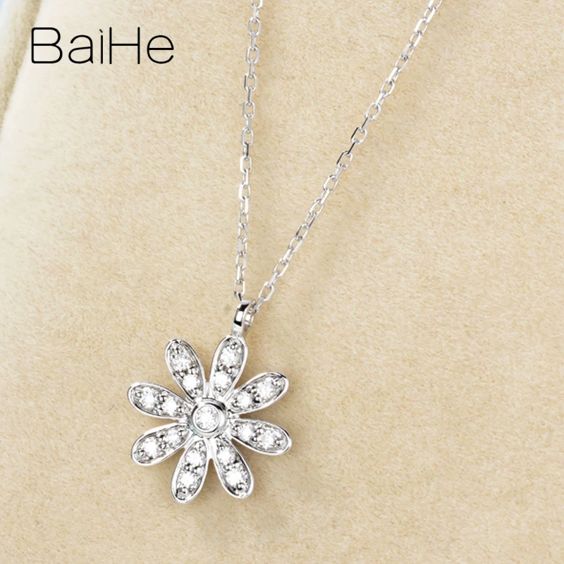 BAIHE Solid 18K White Gold 0.20ct H/SI Natural Diamond Flower Pendant Necklace Women Daily Clavicle Chain Trendy Fine Jewelry