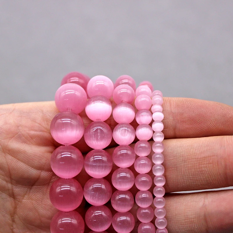 AAA+ Pink Cat Eye Beads Hight Quality Smooth Round Loose Beads For Jewelry Making Opal Stone DIY Bracelet 15inch 4 6 8 10 12mm