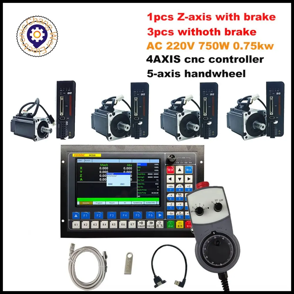 

CNC machining and engraving new offline controller M350 4-axis + handwheel 1MHz G code + AC 220V 750W 0.75Kw servo motor kit