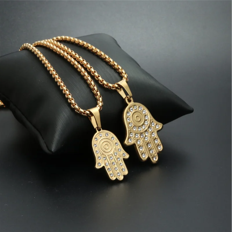 Stainless Steel Necklace Iced Out Hamsa Hand Fatima Palm Pendant Chain Gold Color Cubic Zircon Men Hip Hop Jewelry Gift