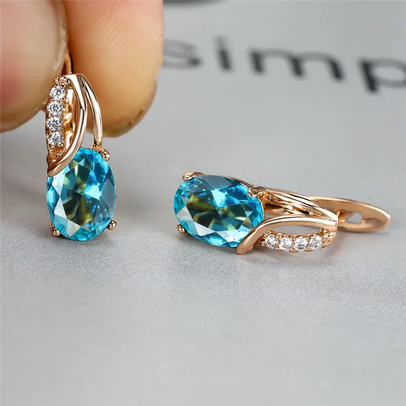 Women's Aqua Blue Zircon Oval Stone Hoop Earrings, Boho Style