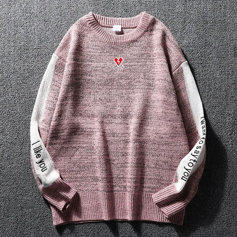 Brand Fashion Lover Unisex Sweaters Heart Embroidery Man Long Sleeve Knitted Pullovers Spring Autumn Clothing Size M-2XL