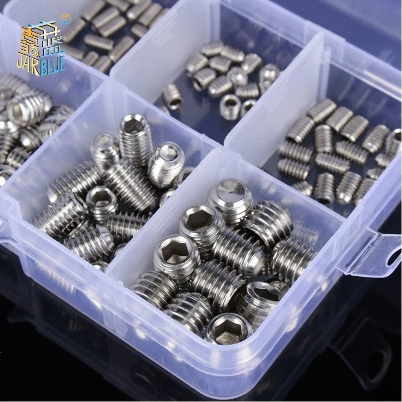 200pcs Stainless Steel Hex Socket Set Screw Grub Screws Cup Point Assortment Kit M3-M8 With Plastic Box