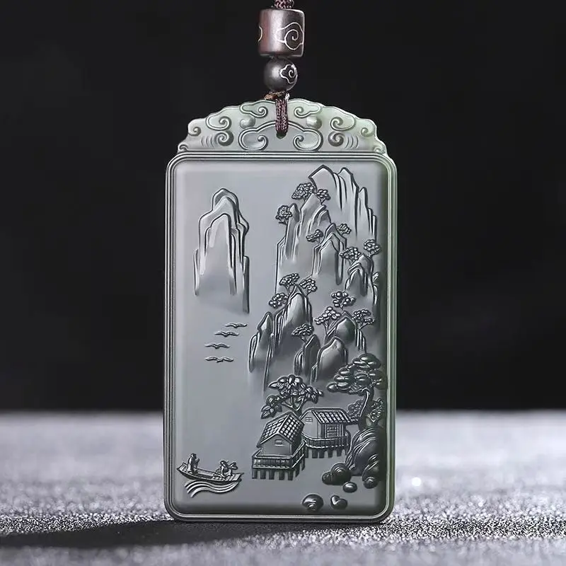 

Excellent Bottle Green Jade Pendant Carven landscape Amulet Design Hanging jewelry He Tian Jade