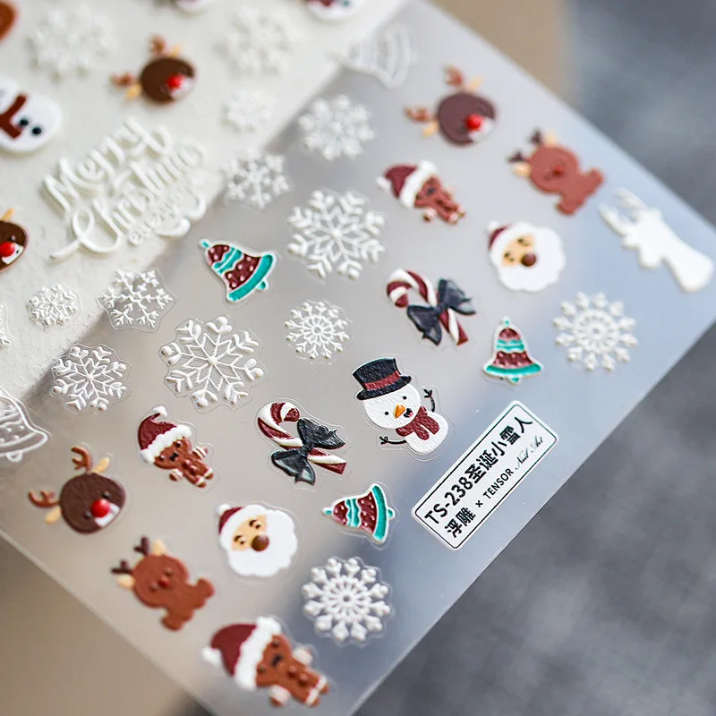 

1Sheet 5D White Snowflakes Embossed Christmas Nail Sticker,Brown Elk Frosted Nail Slider Decal,3D Design Sticker TS-238