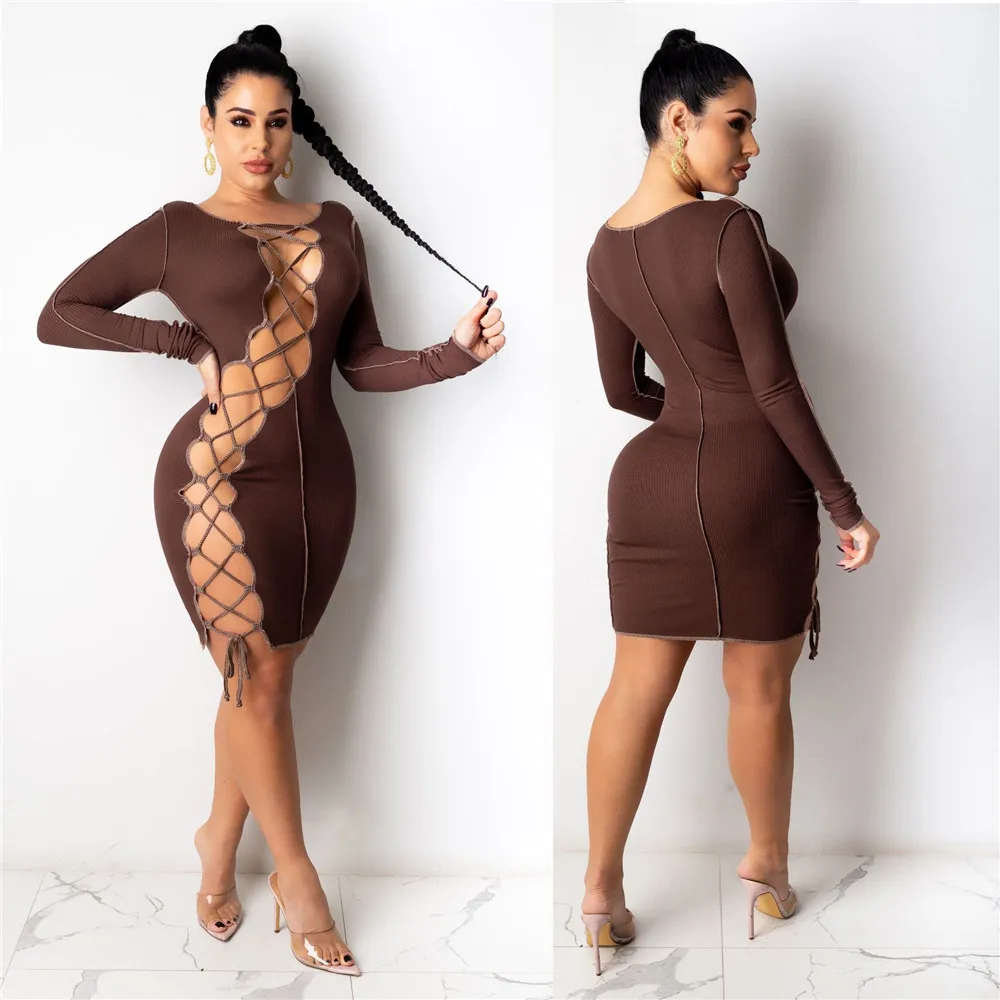 Sexy Hollow Out Bandage Bodycon Dress Club Party Dresses for Women Festival Clothing Long Sleeve Sheath Brithday Christmas Dress