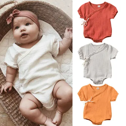 

2020 Newborn Kids Baby Boy Girls Clothes Summer Short Sleeve Plain Romper Elegant Casual Cute Outfits new born Sunsuit 0-18M