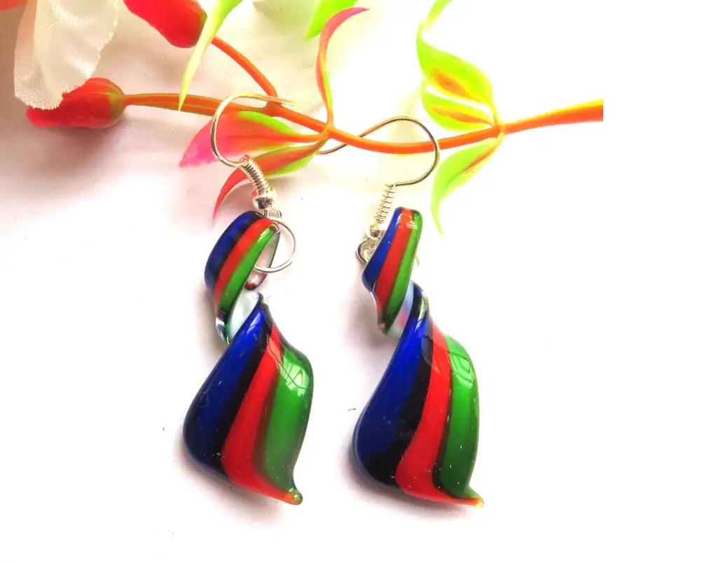 Handmade Murano Glass Earrings Women Three Mixed Color Ribbon Art Gold Foil Earrings Glass Jewelry Thanksgiving Girl Gift E04