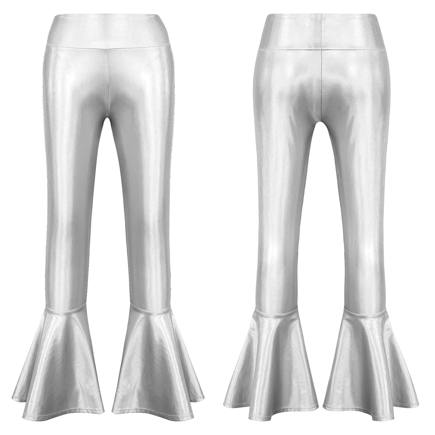 

Kids Girls Metallic Shiny Flare Pants Ruffle Hem Leggings Stretchy Bell-bottom Latin Jazz Dance Party Stage Performance Costume