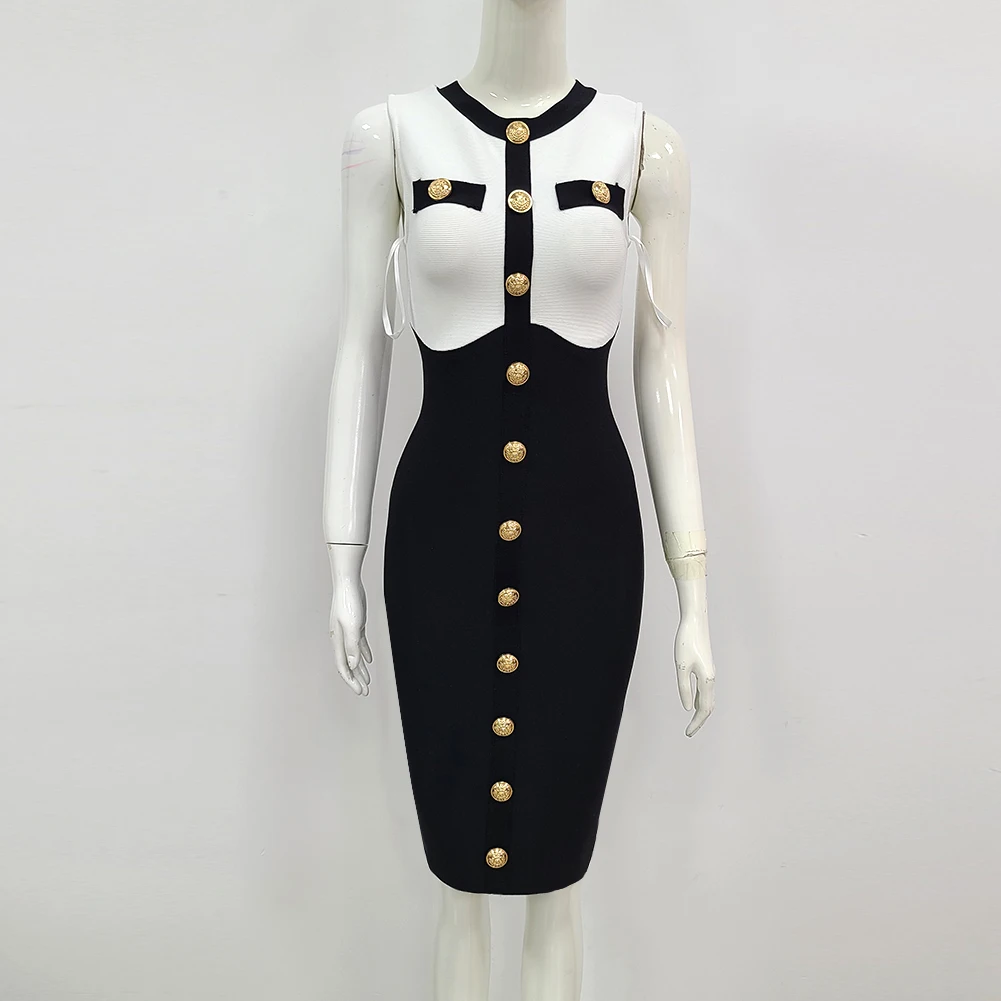 High Quality 2024 New Black White Button Beading Bodycon Two Pieces Rayon Bandage Dress Set Elegant Evening Party Set