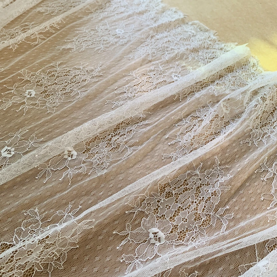 110x300CM Per Piece Subtle Eyelash Lace Fabric Ivory Shade Dots Design Chantilly Lace 3 Meters Long