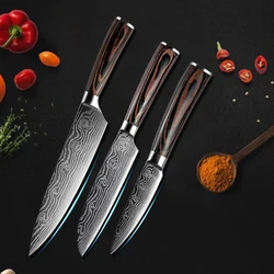 Knife Set Kitchen 3PCs Japanese Chef Knives Laser Damascus Pattern 440C Stainless Steel Cleaver Slicing Santoku Meat Fruit Knife