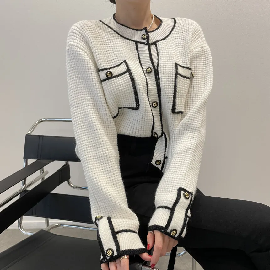 New Autumn Winter Korean Fashion Cardigan Women Knitted Runway Designers O-neck Long Sleeve Pockets Patchwork Tops Female Retro