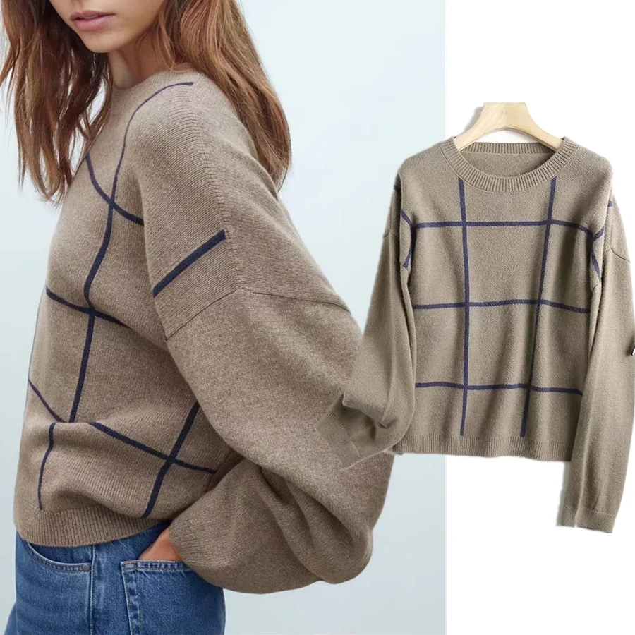 Jenny&Dave Winter Sweaters Women Pull Femme England High Street Vintage O-neck Loose Plaid Fashion Sweaters Women Pullovers Tops