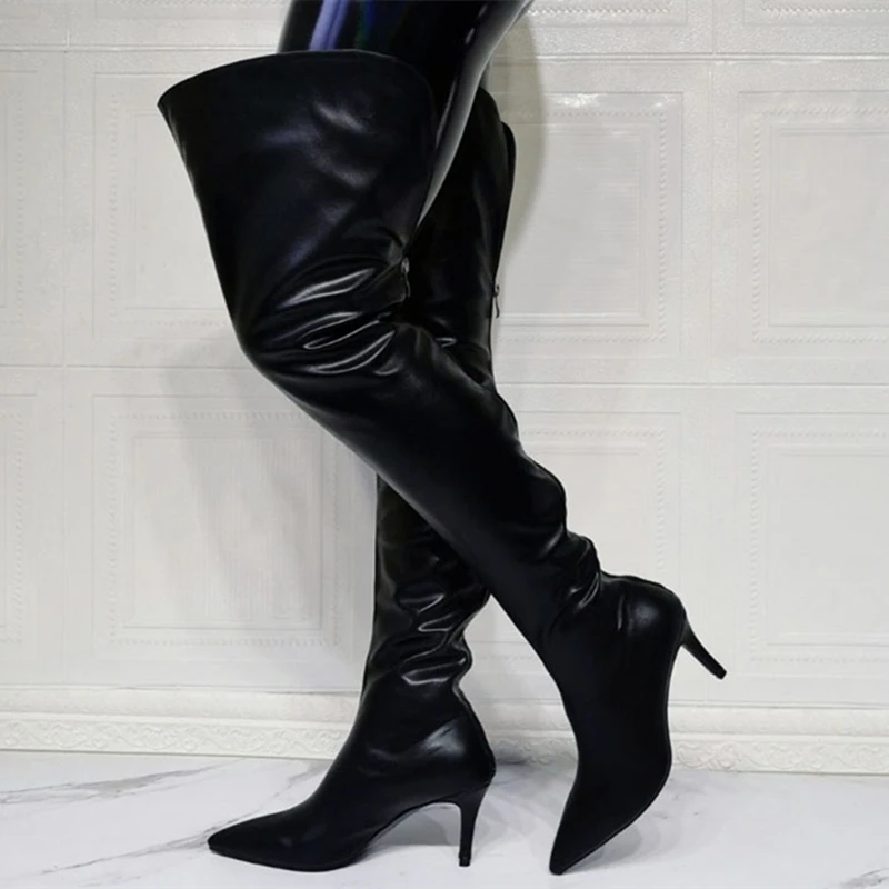 Big Solid Black Over Knee High Boots Thin High Heel Pointy Toe Back Zipper Women\'s Thigh High Sexy Boots Long Size 45